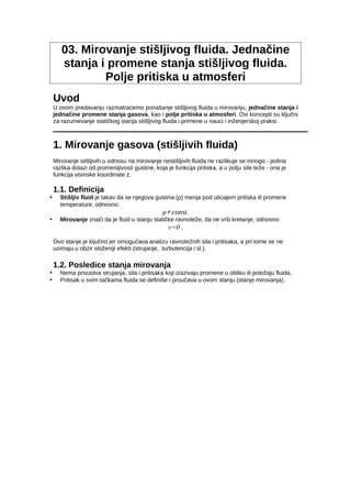 Mirovanje stišljivog fluida. Jednačine stanja i promene stanja stišljivog fluida. Polje pritiska u atmosferi
