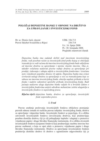 Položaj depozitne banke u odnosu na društvo za upravljanje i investicioni fond