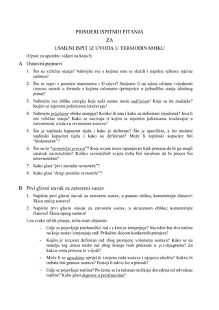 Primeri ispitnih pitanja iz Uvoda u termodinamiku