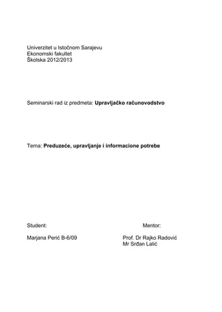 Upravljačko računovodstvo – Preduzeće, upravljanje i informacione potrebe