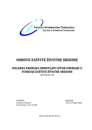 Solarna energija kao model inovativnosti u procesu proizvodnje električne energije