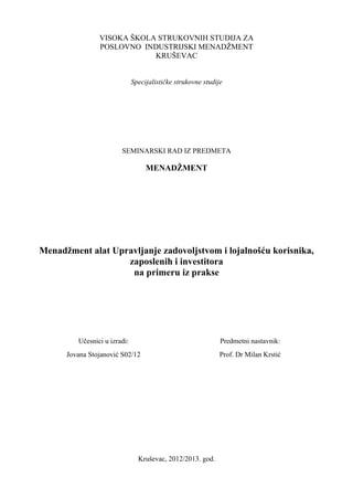 Menadžment alat – Upravljanje zadovoljstvom i lojalnošću korisnika, zaposlenih i investitora na primeru iz prakse