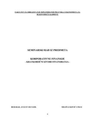 Korporativne finansije – Kratkoročni izvori finansiranja