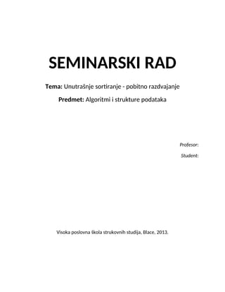 Unutrašnje sortiranje – pobitno razdvajanje