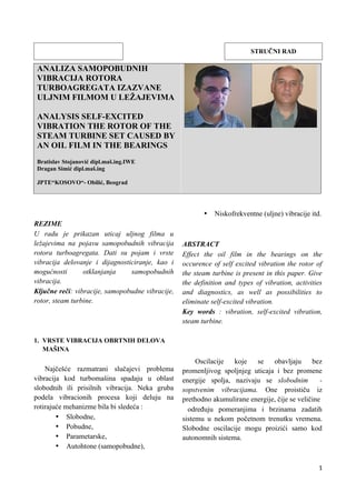 Analiza samopobudnih vibracija rotora turboagregata izazvane uljnim filmom u ležajevima
