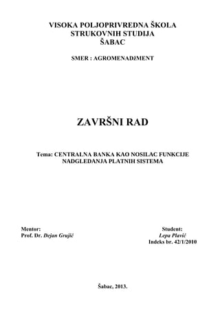 Centralna banka kao nosilac funkcije nadgledanja platnih sistema