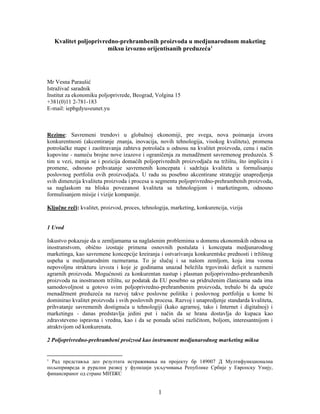 Kvalitet poljoprivredno-prehrambenih proizvoda u medjunarodnom marketing miksu izvozno orijentisanih preduzeća