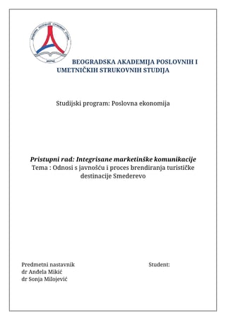 Odnosi s javnošću i proces brendiranja turističke destinacije Smederevo