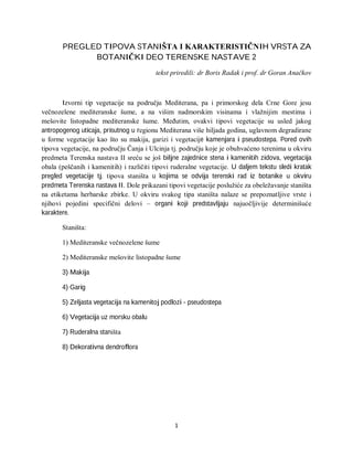 Pregled tipova staništa i karakterističnih vrsta za botanički deo terenske nastave II