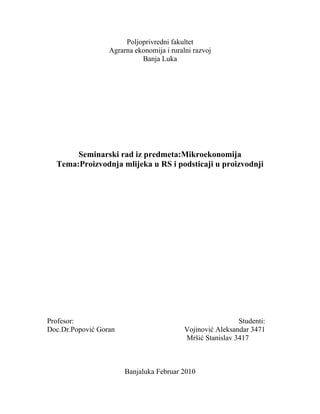 Proizvodnja mlijeka u RS i podsticaji u proizvodnji