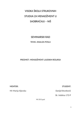 Menadzment ljudskih resursa – analiza posla