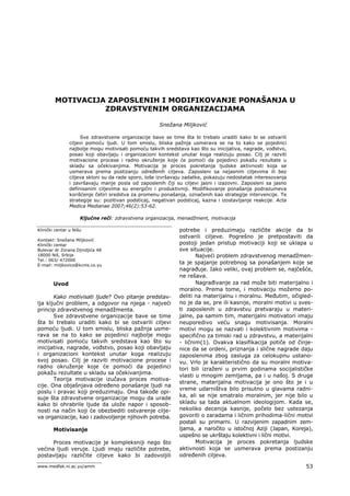 Motivacija zaposlenih i modifikovanje ponašanja u zdravstvenim organizacijama