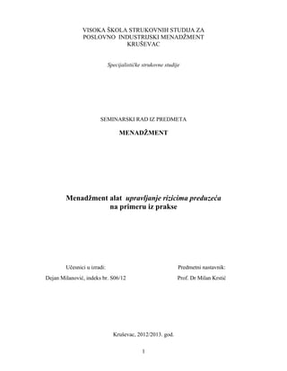 Menadžment alat upravljanje rizicima preduzeća na primeru iz prakse