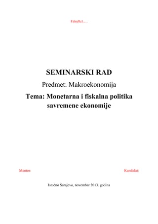 Monetarna i fiskalna politika savremene ekonomije