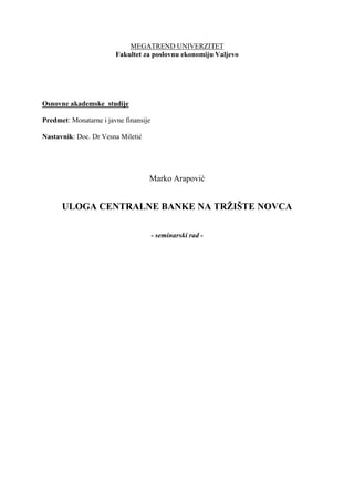 Uloga centralne banke na tržište novca