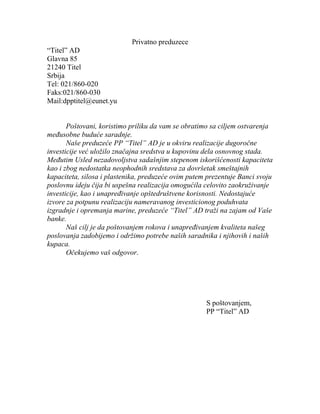 Biznis plan “Titel” AD