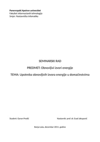 Upotreba obnovljivih izvora energije u domacinstvima
