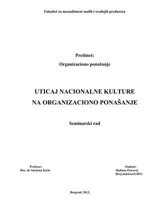 Uticaj nacionalne kulture na organizaciono ponasanje