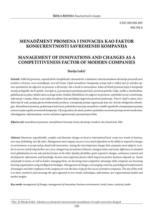 Menadžment promena i inovacija  kao faktor konkurentnosti savremenih kompanija