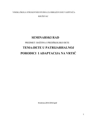 Dete u patrijahalnoj porodici i adaptacija na vrtić