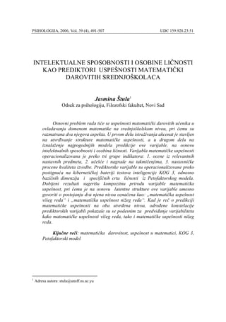 Intelektualne sposobnosti i osobine ličnosti kao prediktori uspešnosti matematički darovitih srednjoškolaca