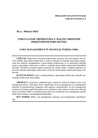 Upravljanje troškovima u malim i srednjim proizvidnim preduzećima