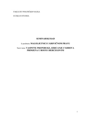 Vaspitne preporuke, izricanje i njihova primjena u Bosni i Hercegovini