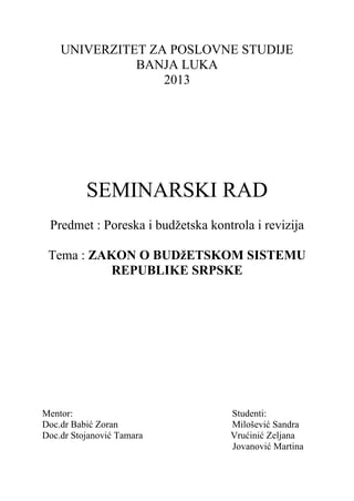 Zakon o budžetskom sistemu  RS