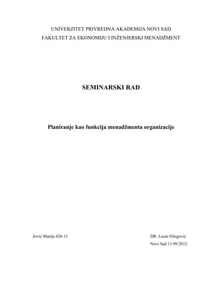 Planiranje kao funkcija menadžmenta organizacije