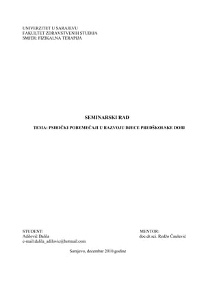 Psiholoski poremecaji djece u predskolskom razdoblju