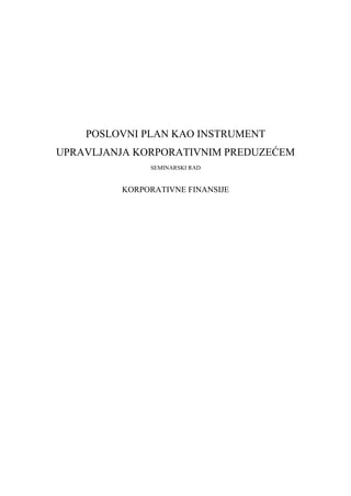 Poslovni plan kao instrument upravljanja korporativnim preduzećem