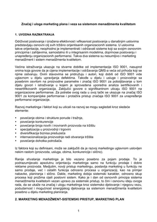 Značaj i uloga marketing plana i veza sa sistemom menadžmenta kvalitetom