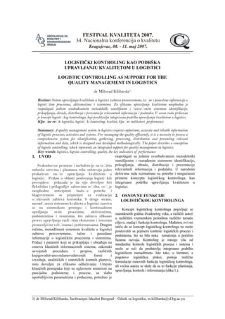 Logistički kontroling kao podrška upravjanja kvalitetom u logistici