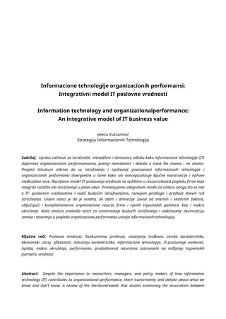 Informacione tehnologije organizacionih performansi – Integrativni model IT poslovne vrednosti