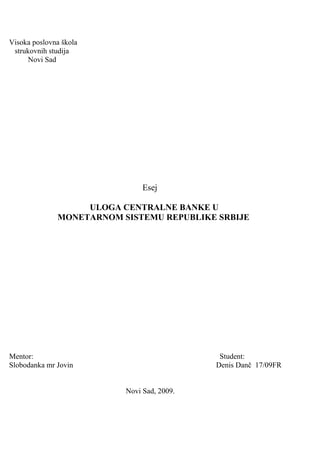 Uloga centralne banke u monetarnom sistemu Republike Srbije