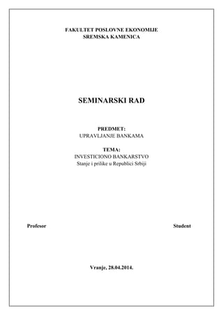 Investiciono Bankarstvo – Stanje u Srbiji