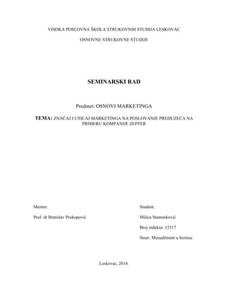 Značaj i uticaj marketinga na poslovanje preduzeća na primeru kompanije Zepter