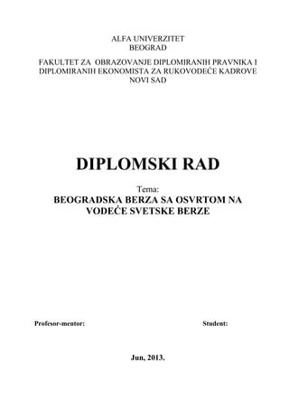 Beogradska berza sa osvrtom na vodeće svetske berze