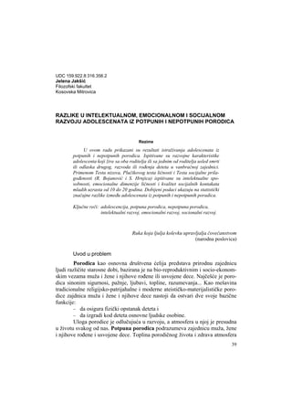 Razlike u intelektualnom, emocionalnom i socijalnom razvoju adolescenata iz potpunih i nepotpunih porodica