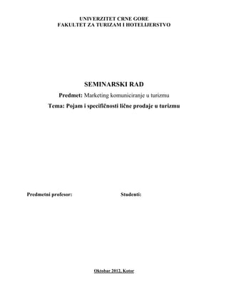 Pojam i specifičnosti lične prodaje u turizmu