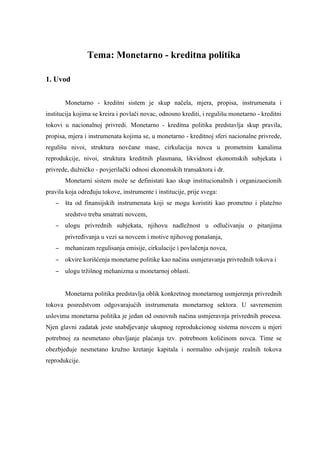 Monetarno – kreditna politika