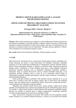 Prmena monte-karlo simulacije u analizi pouzdanosti sistema