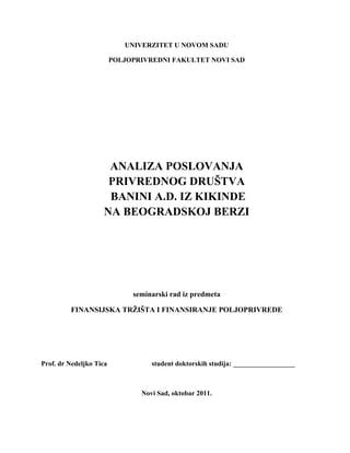 Analiza poslovanja privrednog društva Banini AD