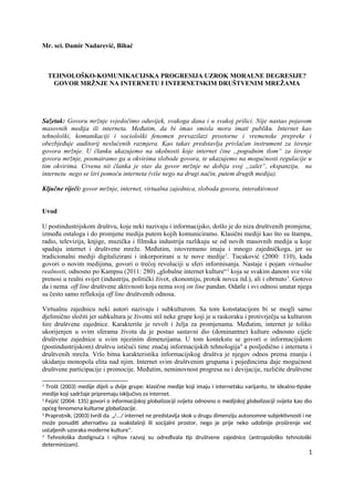 Tehnološko-kompjuterska progresija uzrok moralne dgresije? Govor mržnje na internetu i internetskim društvenim mrežama