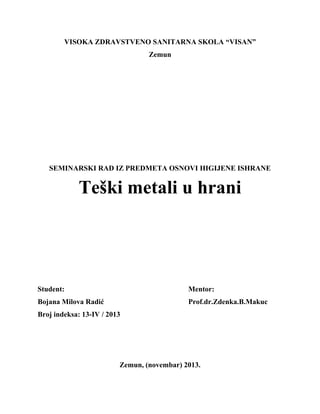 Osnovi higijene ishrane – Teški metali u hrani