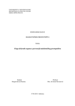 Uloga državnih organa u prevenciji maloletničkog prestupništva