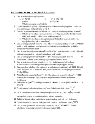 Ekonomske funkcije i elastičnost (zadaci)