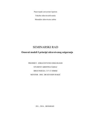 Osnovni modeli I principi zdravstvenog osiguranja