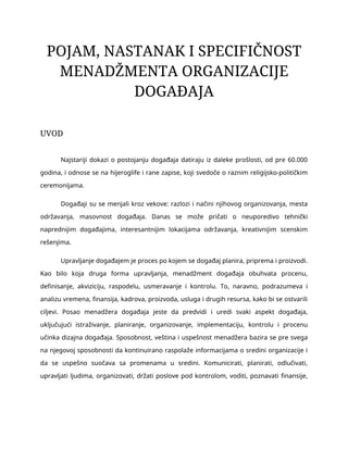 Pojam, nastanak i specifičnost menadžmenta organizacije događaja