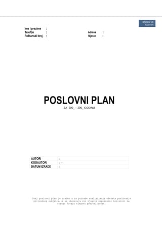 Obrazac – Poslovni plan